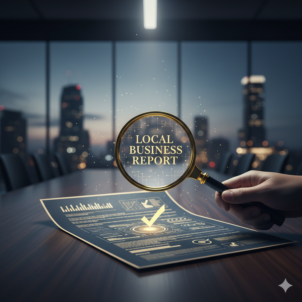Professional examining a business report with a magnifying glass, symbolizing due diligence.