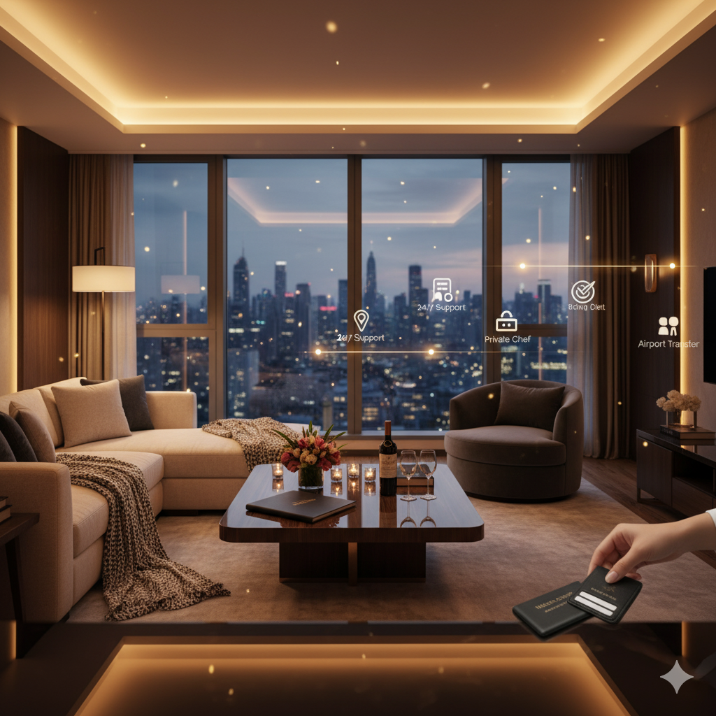 Luxurious and modern living room in a high-rise, representing executive stays.