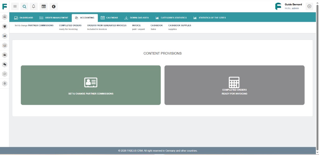 FABEUS CRM — accounting module with partner commission management and completed orders ready for invoicing